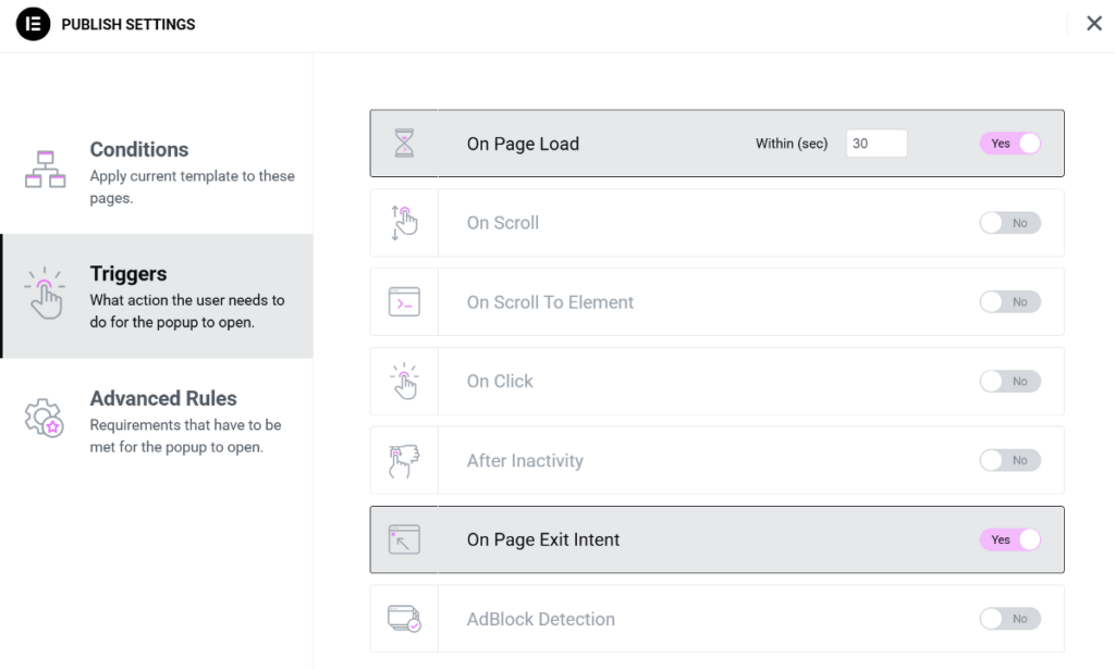 Elementor popup targeting options