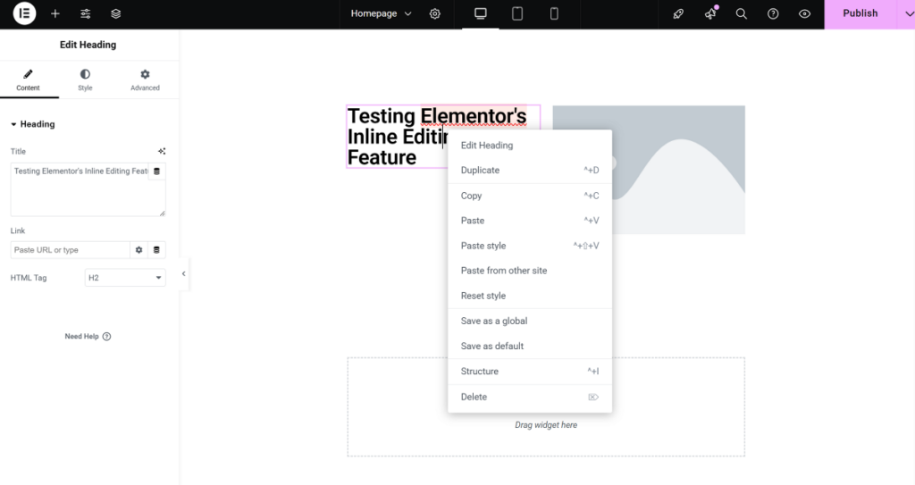 Elementor right click menu actions