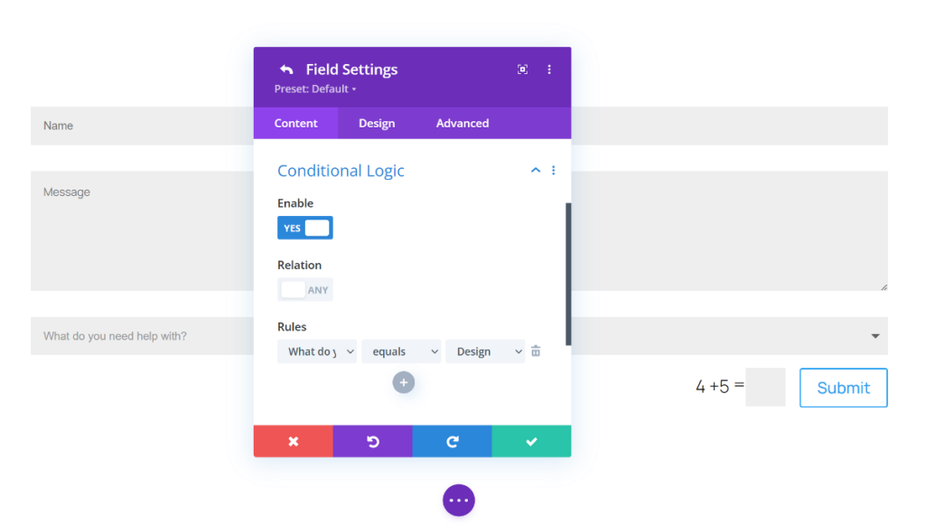 conditional logic feature in Divi Contact Form module