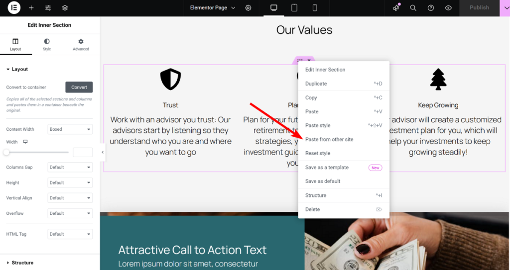 copy and paste from another site in Elementor
