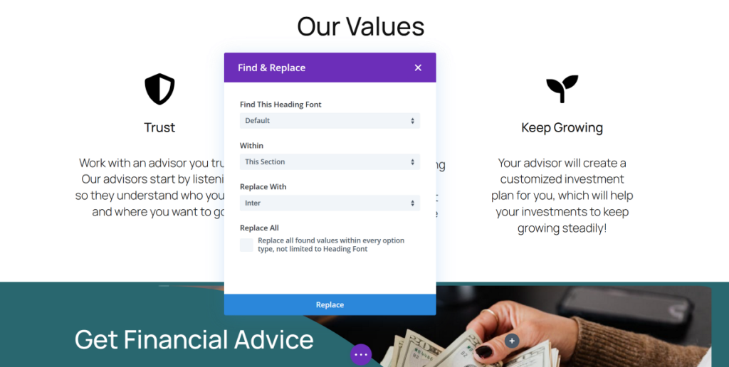 find and replace feature in Divi