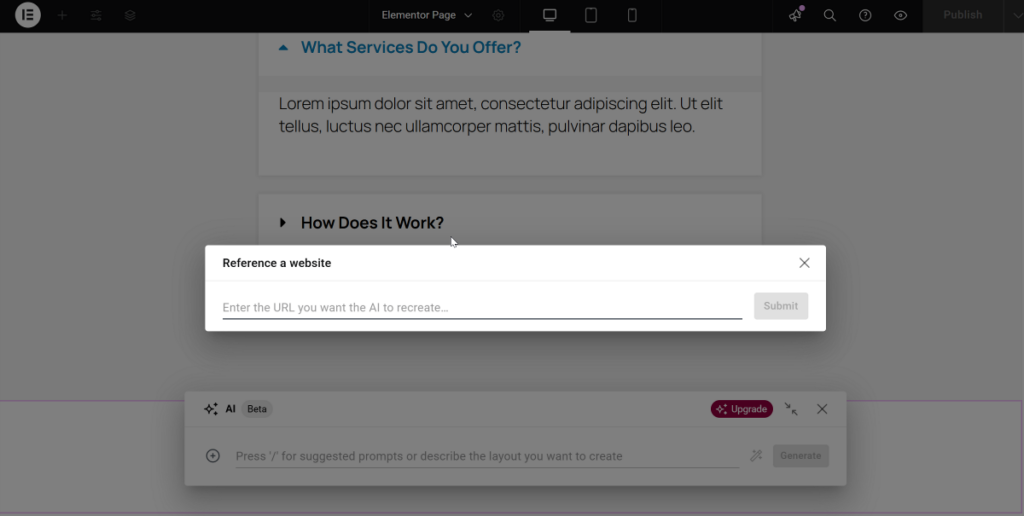 reference external website in Elementor AI
