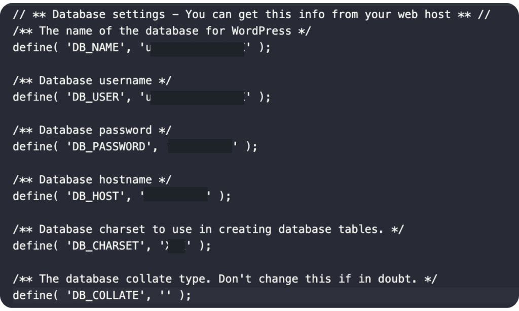 Example WordPress Database Credentials in wp-config.php File